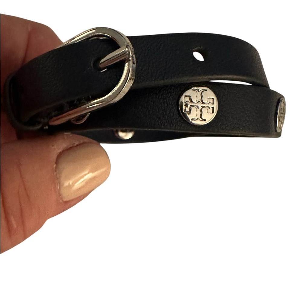 Authentic Navy Tory Burch Leather Wrap Bracelet with Silver Accents